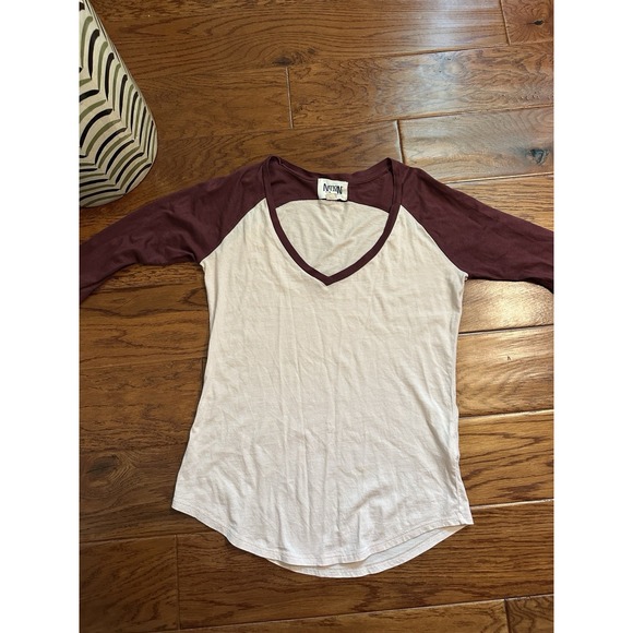 NATION LTD SZ XS RAGLAN SLEEVE BASEBALL JERSEY T-SHIRT LIGHT PINK/MAROON - Picture 1 of 11